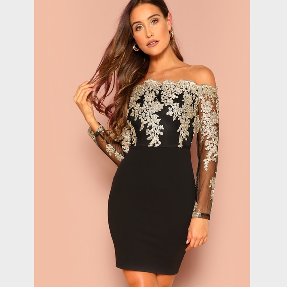 Gold Embroidered Mesh Bodice Black Bodycon Dress - Picture 3 of 8